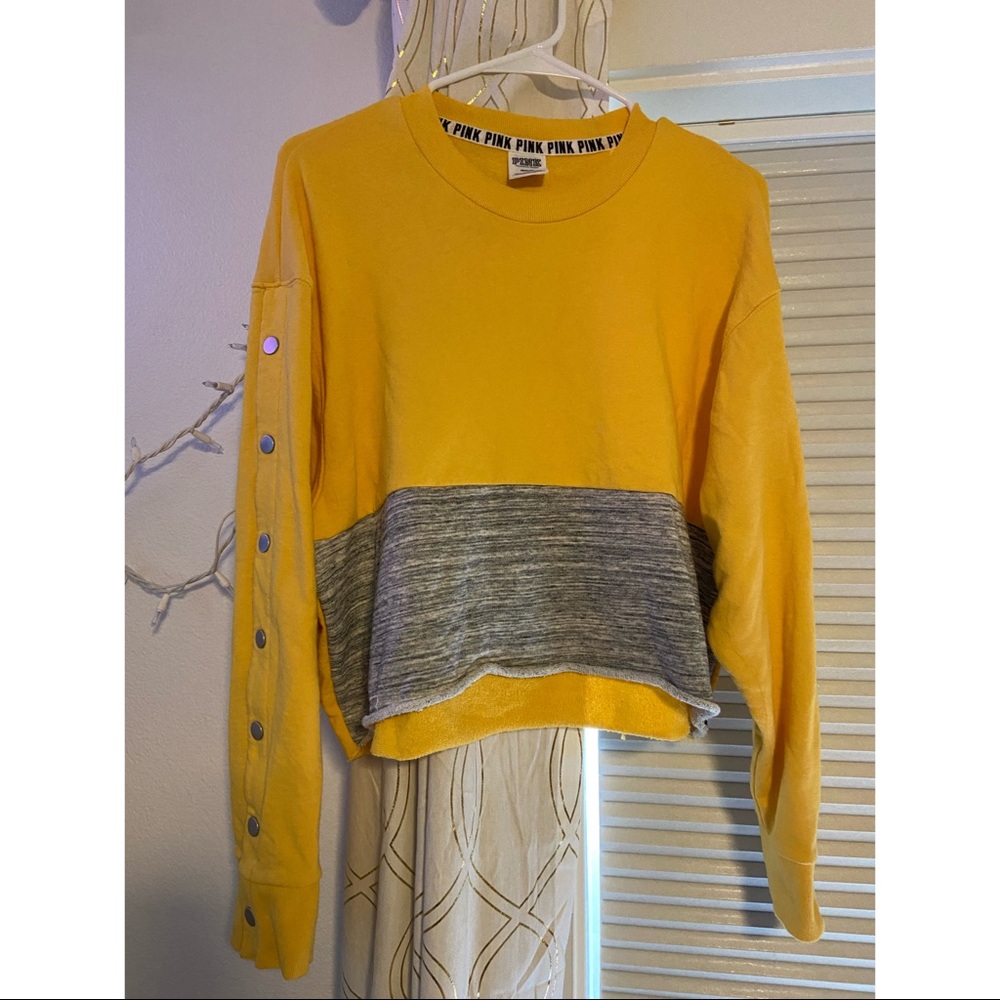 PINK Cropped Button Sleeve Crewneck